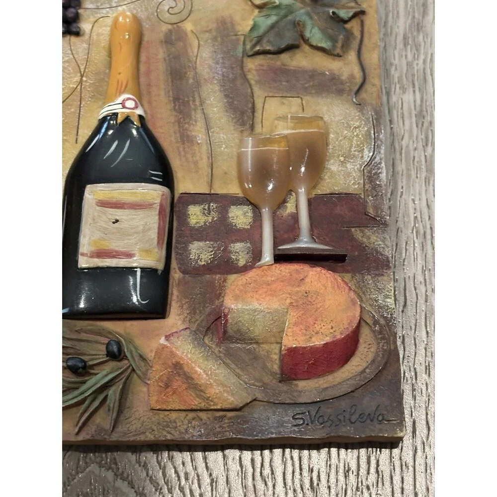 3D Wall Plaque S. Vassileva Wine Bottle Glasses Grapes‎ Kitchen Decor Vino